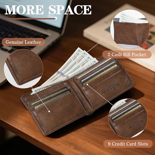 Wrangler Leather Bifold Wallet for Men Minimalist Western Wallet with Money Slot, Stylish Gift for Men, Brown3