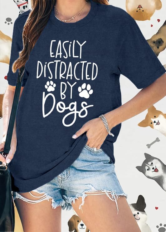 Women Dog Shirts Easily Distracted by Dogs T-Shirt Dog Mom Paw Print Tee Tops - Image 2