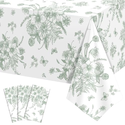 NatNarr 3 Pack Sage Green Floral Plastic Tablecloths Tea Party Tablecloth