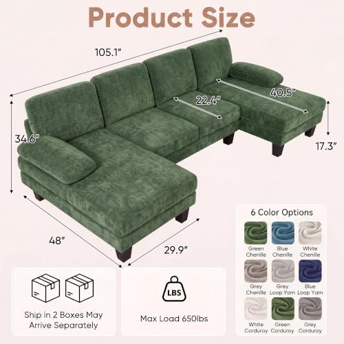 Image of Homall 105 inch U-Shaped Sectional Couches, Sofa Couch with Double Chaise,Green