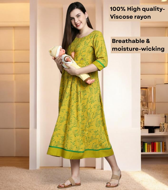 Image of DUMMY SHAPE Feeding Kurtis for Women Cotton Rayon | Green Printed Pregnancy Flare Kurta with Nursing Zippers to Pre & Post Partum | Maternity Dresses | Gifts for Pregnant Woman (D-M-P056-M)