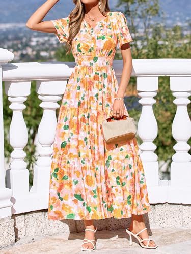 Image of BTFBM Womens Summer Floral Maxi Dresses V Neck Short Sleeve Boho Casual Flowy Long Wedding Guest Dress Beach Vacation