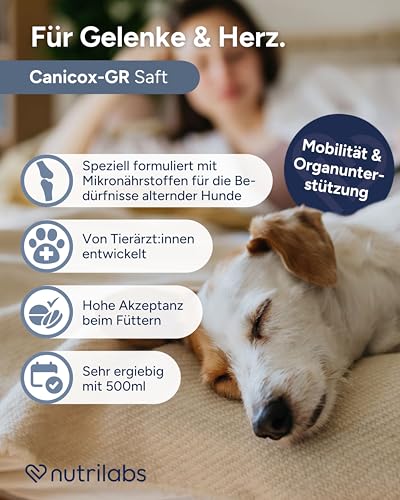 NutriLabs Canicox®-GR Nahrungsergänzung für Senioren-Hunde 500 ml - Nahrungsergänzung für Senioren-Hunde mit MSM, Chondroitin, Glucosamin, Ginseng u.v.m. - Gesundheitsprodukte für Hunde