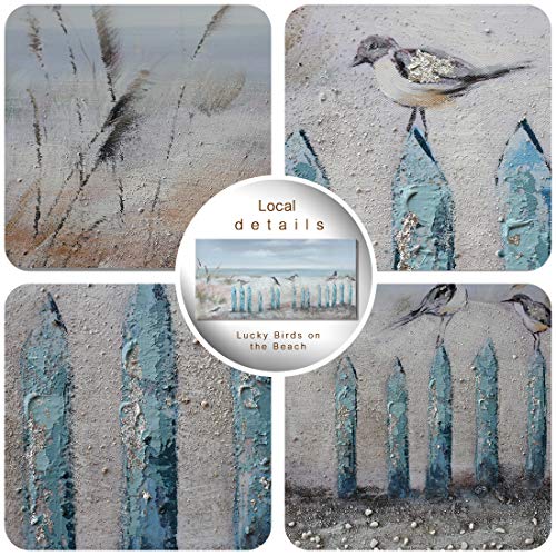 Image of Ejart Ocean Beach Wall Art 3D Framed Hand-Painted Seascape Oil Painting Perching Bird Canvas Artwork 'The Tranquility by The Sea Shore' for Living Room Bedroom Decor Coastal Blue 16x32inch