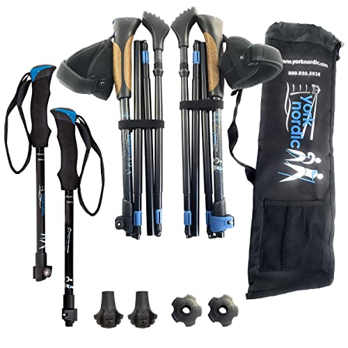 York Nordic Ultralight Folding Walking Poles - Travel Ready - with Rubber Feet, Baskets, and Bag (Dual Grips - Under 5'3")