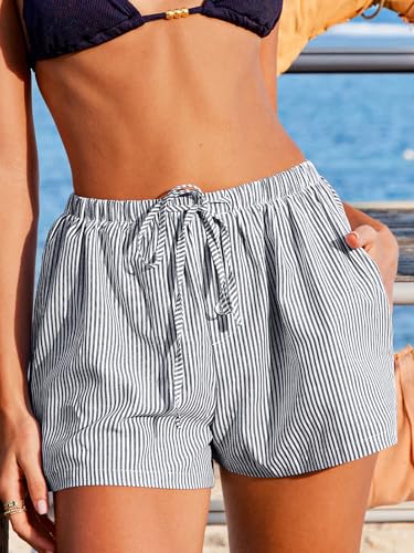 CUPSHE Women's Summer Shorts Striped Elastic High Waist Wide Leg Cover Ups Boxer Shorts with Pockets3