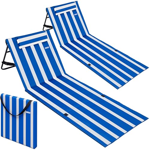 Detex® Set de 2 Tapis de Plage Bleu et Blanc 158x56 cm transat rembourré avec Dossier Pliable natte de Plage transportable extérieur