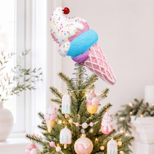 Retisee 11 Inch Ice Cream Cones Christmas Tree Topper Pastel Ice Cream Tree Topper Macaron Color Sweet Theme Xmas Ornaments for Christmas New Year Birthday Party DIY Indoor Home Office Holiday Decor
