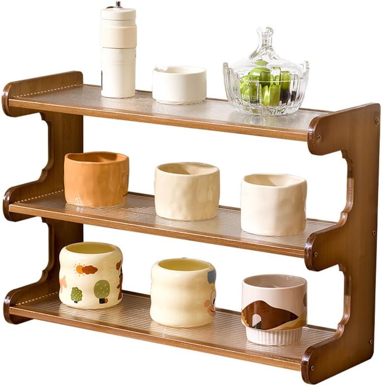 3-Tier Mug Display Holder, Coffee Station Organizer, Kitchen Counter Shelf for Tea Coffee Bar Accessories, Matcha Stand, Cup Display, Condiment Storage Rack,Brown
