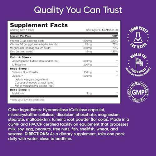 De-stress & Sleep Daily Multivitamin Supplement, Relaxation, Sleep Onset, Vitamin C, B6, Magnesium, Ashwagandha, Melatonin, L-Theanine, Valerian Root, Zinc, Zylaria (30 Pack) - Image 6