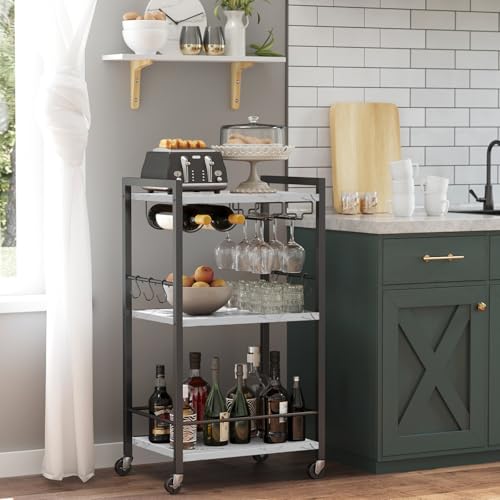 TUTOTAK Bar Cart, Home Bar Serving Cart, Small Wine Cart with 3-Tier Shelf, Beverage cart, Drink Cart with Wine Rack and Glass Holder, Rolling bar carts for Home, Living Room, Marble White BC01BM035