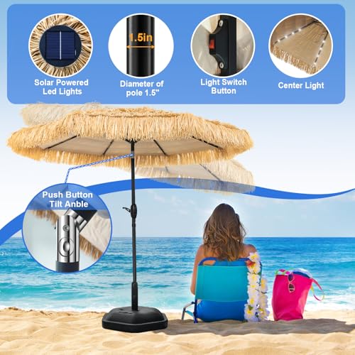 Image of 9 FT Solar Thatch Tiki Umbrella, Hawaiian Style Straw Umbrellas with Zinc Alloy Push Button Tilt, UPF 50+ Patio Umbrella,Outdoor Umbrella with 32 LED Lights for Beach, Pool,Garden
