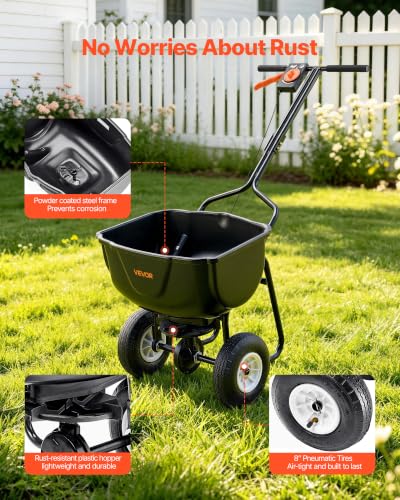 Image of VEVOR Walk Behind Spreader 60 lbs Capacity Push Broadcast Spreader Black | for Lawn & Garden, 0-9.8 ft Spreading Width & 18 Adjustable Settings, 8 in All Terrain Pneumatic Tires for Seed, Fertilizer | For Lawn & Garden, 0-9.8 ft Spreading Width & 18 Adjustable Settings, 8 in All Terrain Pneumatic Tires for Seed, Fertilizer