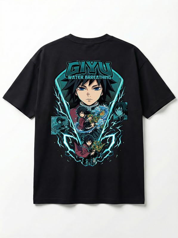 Image of Anime Printed T Shirt for Men | Demons Slayer Giyu Graphic Cotton Oversized Drop Shoulder | Black Round Neck Short Sleeve | Lightweight Casual Wear