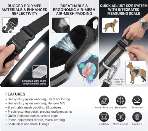 Image of Hurrypets No Pull Reflective Dog Harness with Handle, Black, Large | Adjustable, Breathable Mesh Choke-Free Padded Nylon K9 Tag Chest Body Belt Black