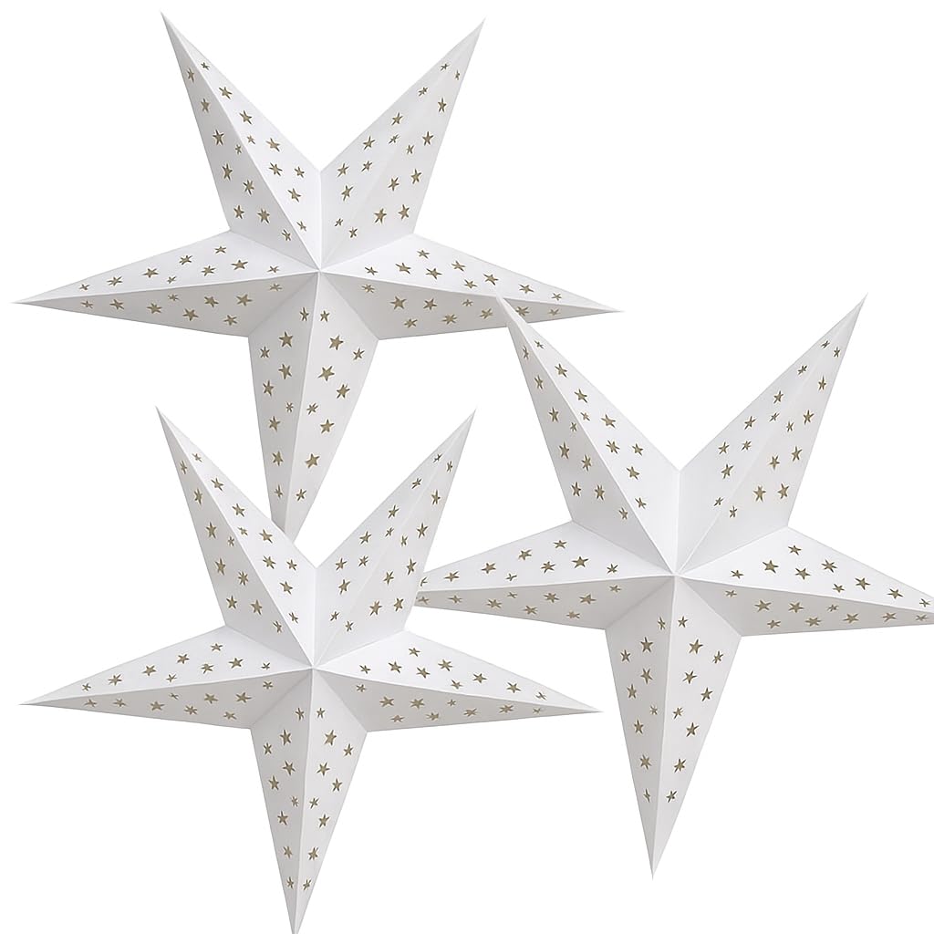 Pantalla de luz de estrella de papel blanco de 60 cm, farol colgante para decoración de ventanas de Navidad, fiestas, bodas y decoración del hogar, estrella plegable de 5 puntos (3)