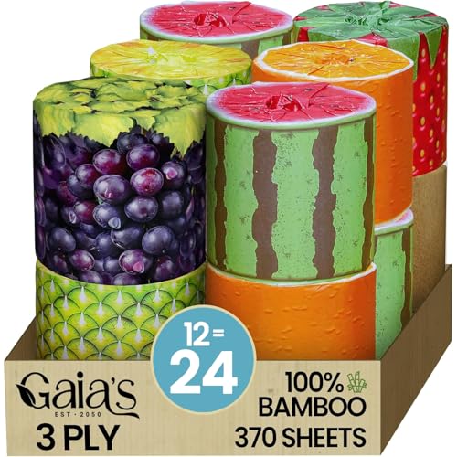 Gaias Premium and Soft Fruit TP Organic Bamboo Toilet Paper | 12 Mega Rolls, 3 Ply, 370 Sheets | FSC...
