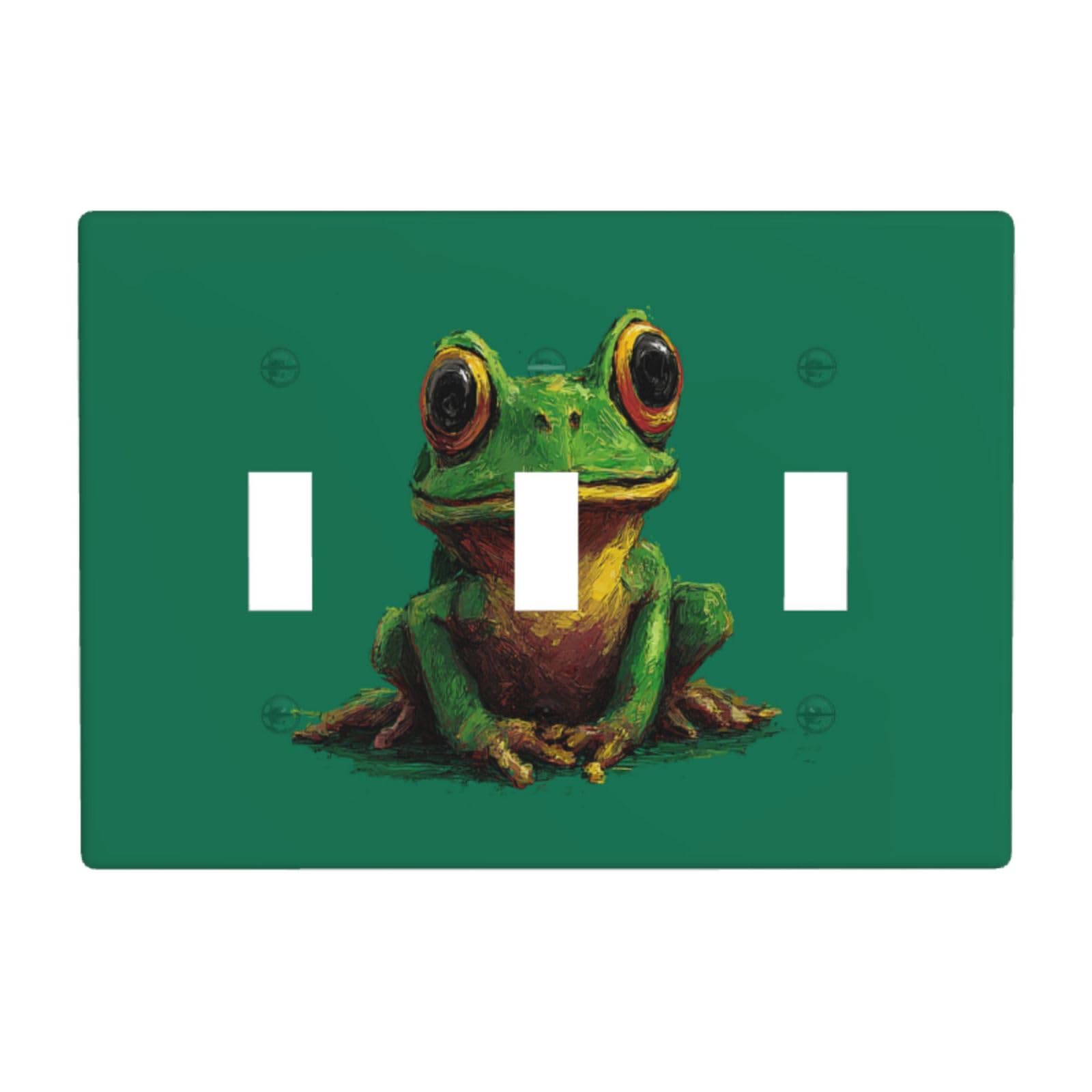 Woshuwo White Cute Smiling Green Frog On Green Light Switch Covers 3 Gang Triple Toggle Wall Plate Switchplate Electrical Faceplate For Bathroom Kitchen Bedroom Decor