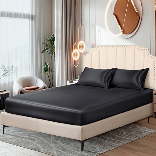 Image of Ersmak Satin Fitted Sheet Only, Luxury Silky Full Fitted Sheet Ultra Soft Deep Pocket Bottom Sheet, Wrinkle & Fade Resistant - Black