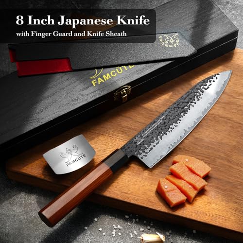 Image of FAMCUTE 8'' Japanese Knife, Hand-Forged Chef Knife with 5-Layer 9CR18MOV HC Steel and Ultra Sharp Non-Slip Rosewood Handle Kitchen Knife, Gift for People Who Love to Cook in Sandalwood Box