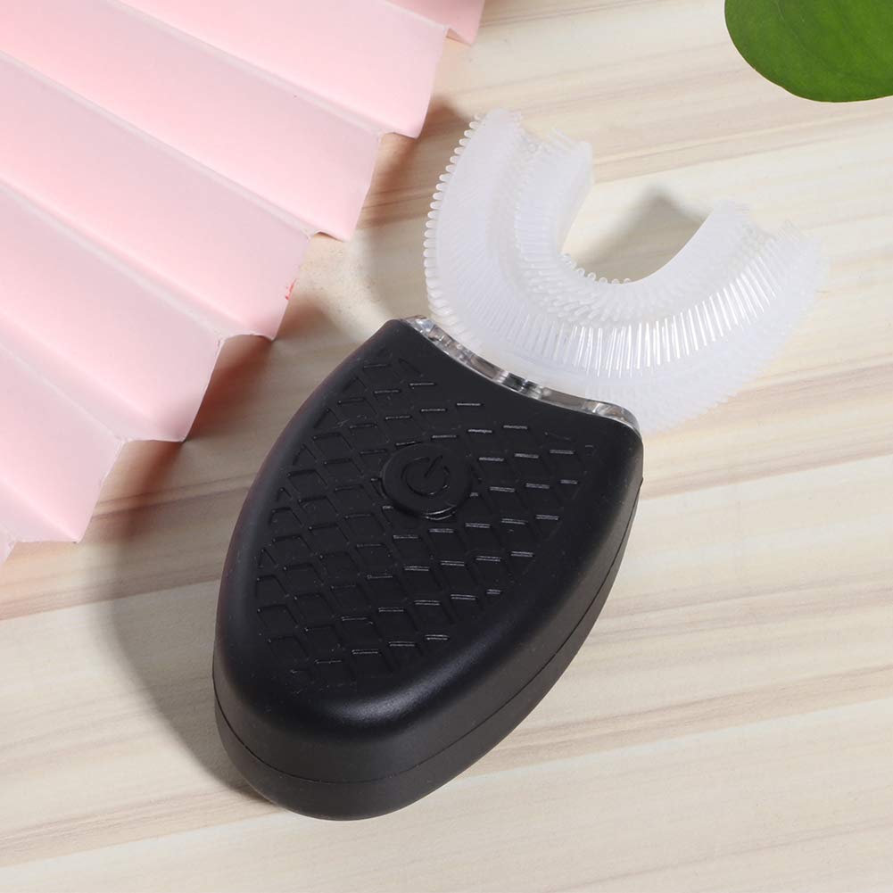 Cepillo de dientes eléctrico en forma de U, cepillo de blanqueamiento dental en forma de U doméstico, cepillo de dientes de carga USB de silicona ultrasónico de limpieza de boca de 360 °(negro)