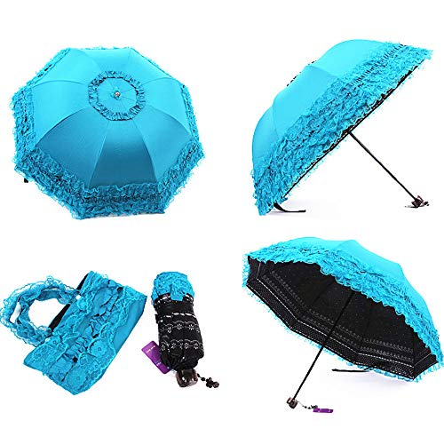 Princess Lace Vintage Lace UV Sun Parasol Folding 3D Flower Embroidery Umbrella 3 Folding Blue Rainy days, snowy days, sunny days are available