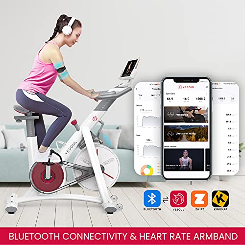 YESOUL Smart Connect Exercise Spin Bike Stationary with Bluetooth Armband, Magnetic Resistance Belt Drive Commercial Indoor Cycling Bike with Heart Rate Monitor App, Tablet Holder (White)