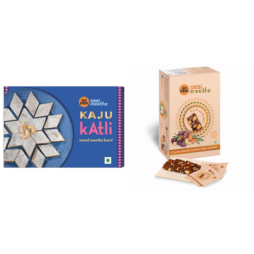 GO DESi Classic Kaju Katli 200 grams & Dry Fruits Barfi, 400 grams 20 Individually Wrapped Burfi, Dates Bar Combo
