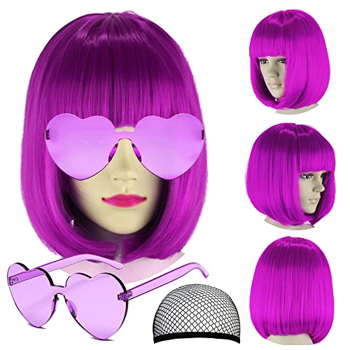Image of LIULIUBTY Short Bob Hair Wigs Straight with Flat Bangs Synthetic Colorful Cosplay Daily Party Neon Wig for Women + Free Wig Cap 17 inch Natural As Real