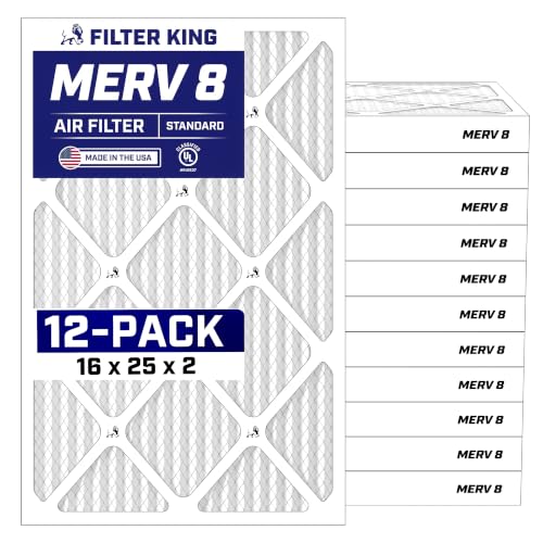 Filter King 16x25x2 Air Filter (MERV 8) (12-Pack) Dust & Allergy Control AC Furnace Filters MADE IN USA HVAC Pleated Electrostatic (Actual Size: 15.5 x 24.5 x 1.75)