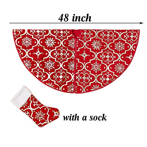 Red-Flannel-Tree-Mat-48-inches-Large-with-Gilded-Christmas-Patterns-Skirt-for-Xmas-Tree-Holiday-Party-Decorations-Indoor-Outdoor-with-1-Christmas-Stocking Red Flannel Tree Mat 48 inches Large with Gilded Christmas Patterns Skirt for Xmas Tree Holiday Party Decorations Indoor Outdoor with 1 Christmas Stocking