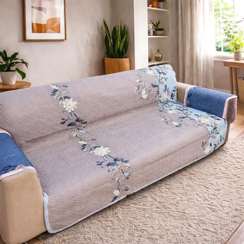 Image of Homerz Premium 3 Seater Quilted Reversible Sofa Cover Mat with Pocket Arms | Polyester Blend 350 GSM Full Coverage & Back Belt for Stability (Velaro, 3 Seater)