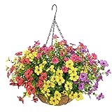 Lesrant Artificial Flowers in Basket,Artificial Hanging Baskets with Flowers for Outdoors Indoors Courtyard Decor,12 inch Coconut Lining Basket for Patio Garden Porch Deck Decoration (1-Multicolor)