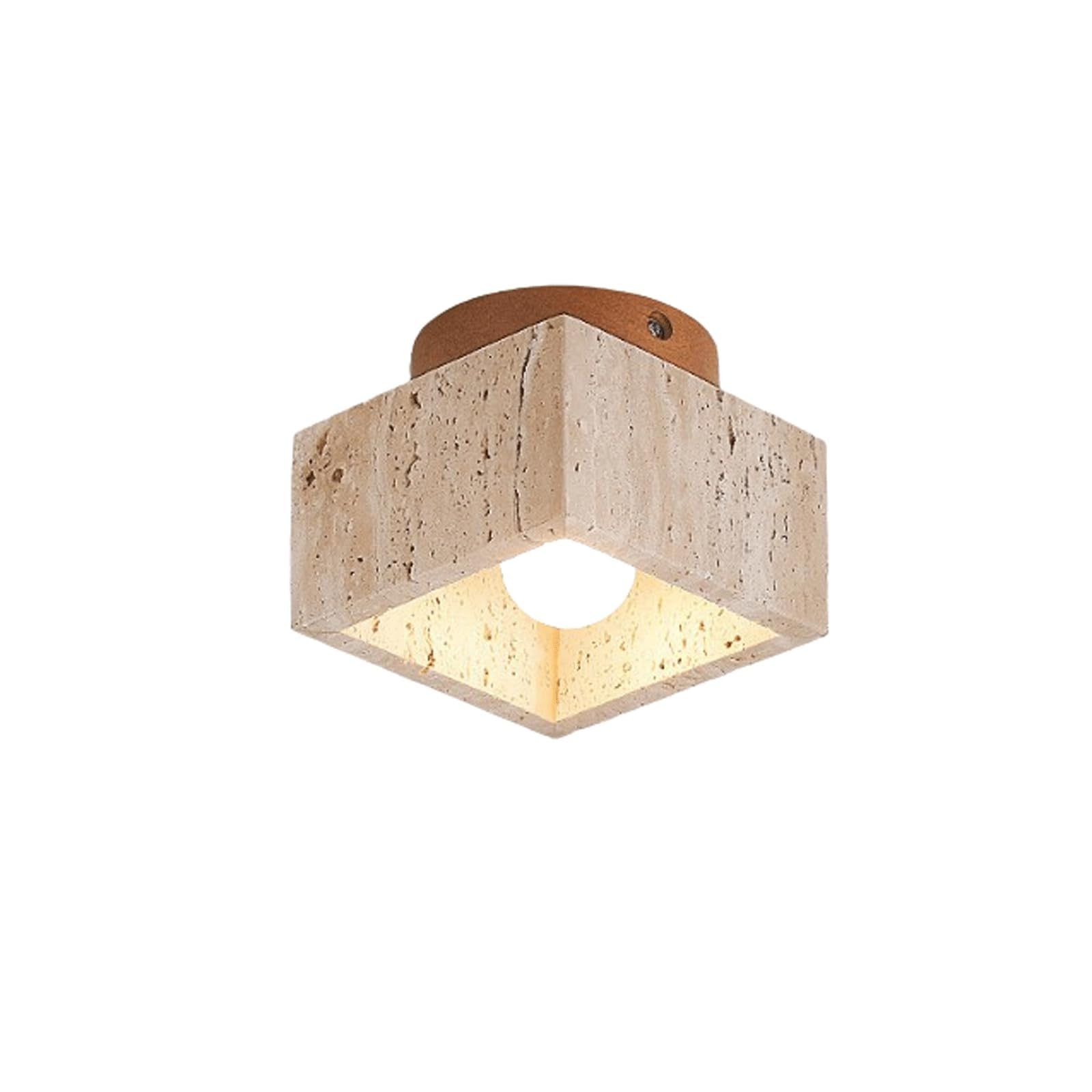 BKEKM Wabi-Sabi Travertine Stone Flush Mount Ceiling Light, Modern Square Travertine Ceiling Lamp, Cream Vintage Natural Stone Light Fixture(Wood)