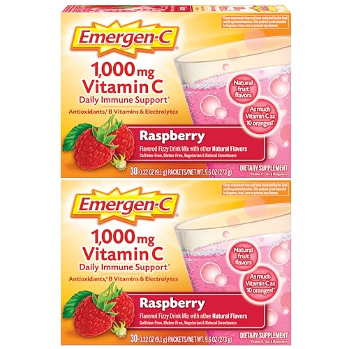 Emergen-C 1000mg Vitamin C Powder, with Antioxidants, B Vitamins and Electrolytes, Vitamin C Supplements for Immune Support, Caffeine Free Drink Mix, Raspberry Flavor – 60 Count/2 Month Supply