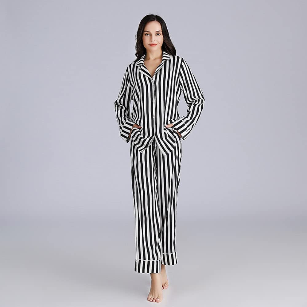 Pigiama da Donna in Seta Set Pigiama A Righe Bianche Nere Pigiama da Notte A Maniche Lunghe Abbottonato Pigiama da Donna in Raso di Seta Pigiama da Notte