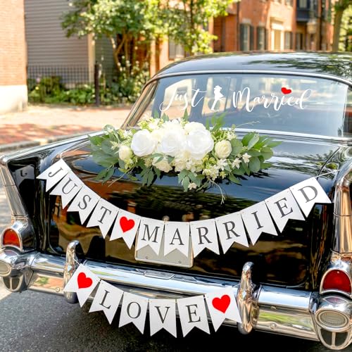 Image of Just Married Car Wedding Decorations Kit with Artificial Flower Floral Swag / Just Married Love Sign Banner and Car Bouquet & Window Decals, Wedding Car Accessories for Bridal Shower Honeymoon Decor