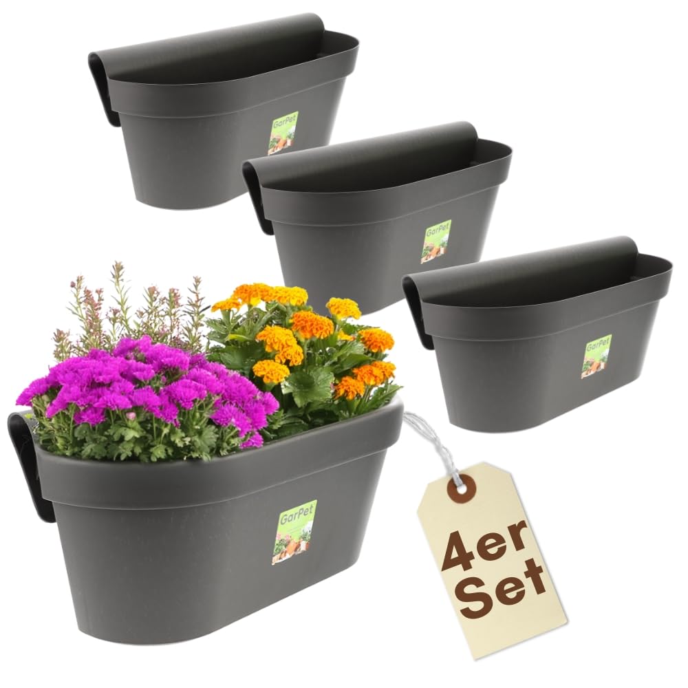 GarPet 4er Set Geländerkasten Balkon mit Wasserspeicher Blumentopf Zaun Blumenkasten Geländer Balkontopf Balkonkasten mit Halterung Balkon Pflanzkasten Anthrazit