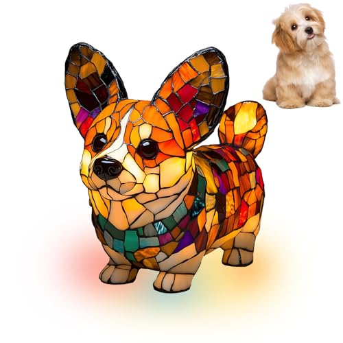 Atlodas Corgi Lamp, Retro Stained Resin Tabletop Night Light, Dog Series Art Night Light, Dog Lamp Stained Glass, 3D Cute Pet LED Table Lamps, Gift for Lovers (#04, 7.87)