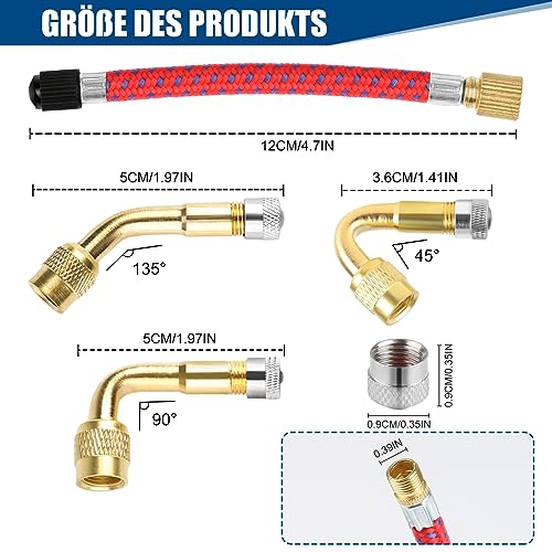 S_way Ventilverlängerung Autoventil Set, 2 Stück 120mm Ventilverlängerung, Autoventil Adapter 45° 90° 135° Winkelventil, 6 Metall Ventil Verlängerung Für Automobile Und Motorräder