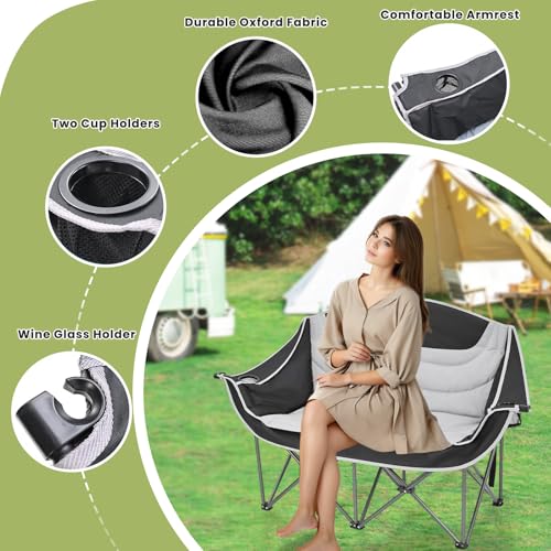 WUDLEP Double Camping Chair, Padded Folding 2 Seater Chair with Cup Holder, Wine Glass Holder and Carry Bag, Black - Image 4