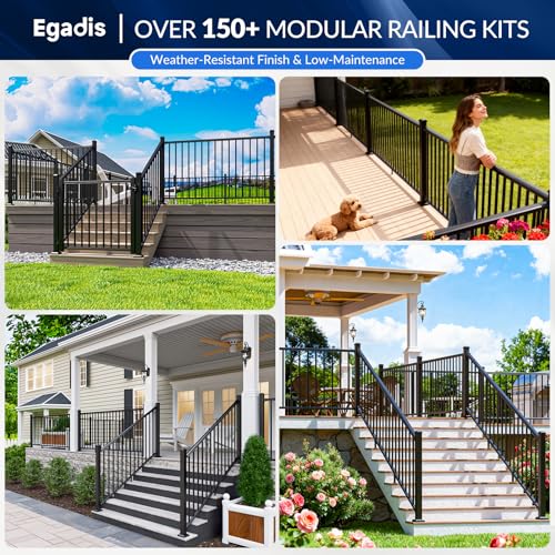 Image of Egadis 36 in. H x 8 ft. W Porch and Deck Railing Kit, Aluminum Stair Railing Kit, Black Textured AAMA 2604 Powder-Coat Finish Modular Rail System for Concrete Steps or Wooden Stairs(1 Post, 1 Panel)