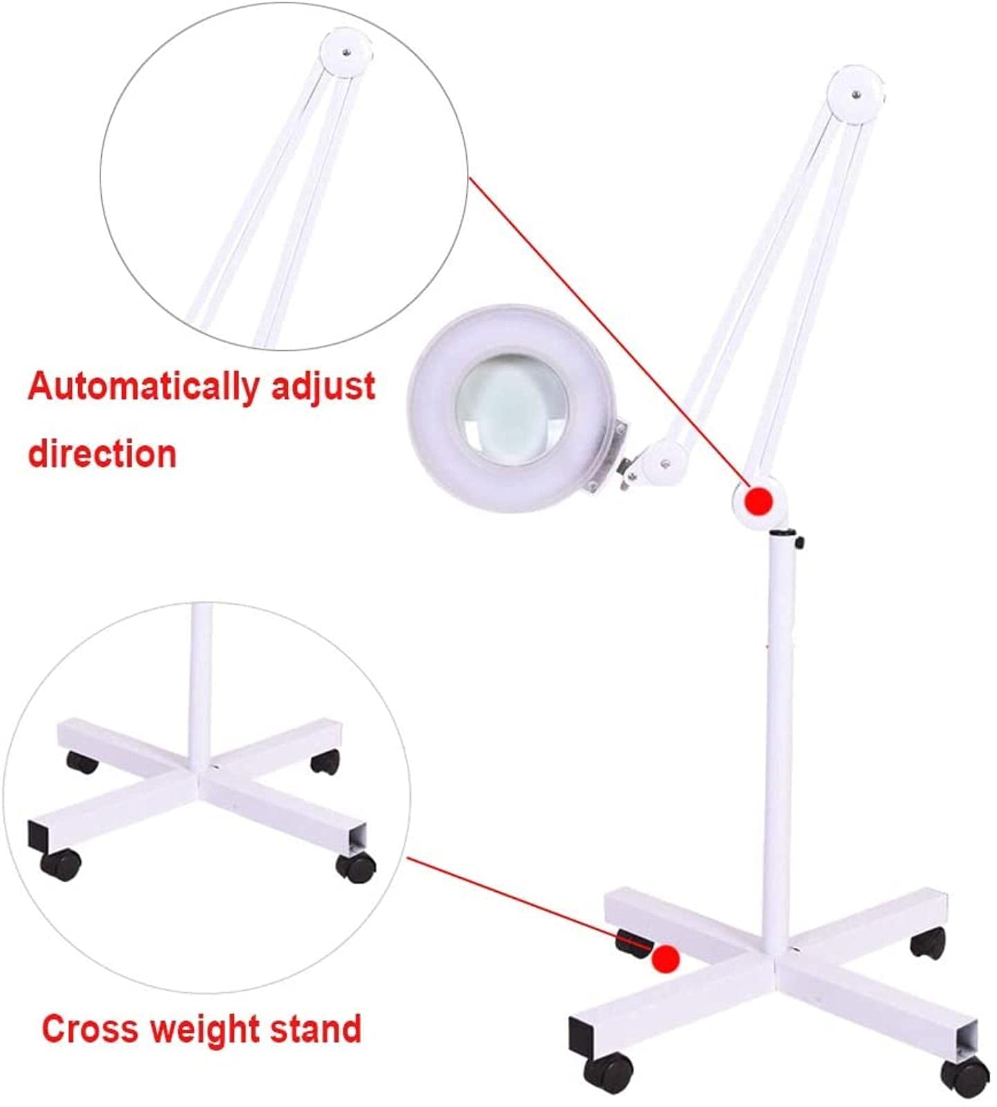 Lampa podłogowa powiększająca, Regulowana, stabilna lampa podłogowa ze szkła Led, stojąca lampa podłogowa, 16-krotna lupa na kółkach Zimne światło do twarzy w salonie i użytku domowego