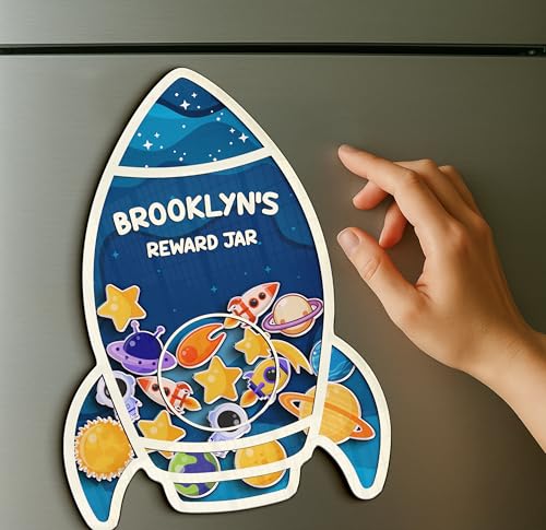 Image of Personalized Rocket Ship Magnetic Reward Jar for Kids, Toddler Reward System with Colorful Tokens, Potty Training & Good Behavior System, Back to School Gift for Boys Girls, Classroom Display Decor