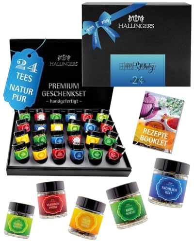 Hallingers Genuss Manufaktur Tee Geschenkset Geburtstag - 24 Sorten Premium loser Tee im Glas in edler Geschenkbox, vegan & glutenfrei, Tee Set Happy Birthday als Probierset, Geschenkidee für Frauen