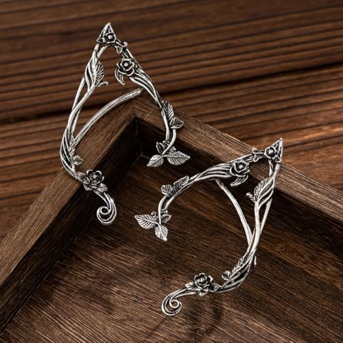 Octwine Vintage Statement Gold Silver Elf Ear Flower Earring Cuffs Simple Earrings Elf Cosplay Cuffs Wrap Earrings Fairy Ears Costume Cosplay Wedding Prom Bar Earrings for Women3