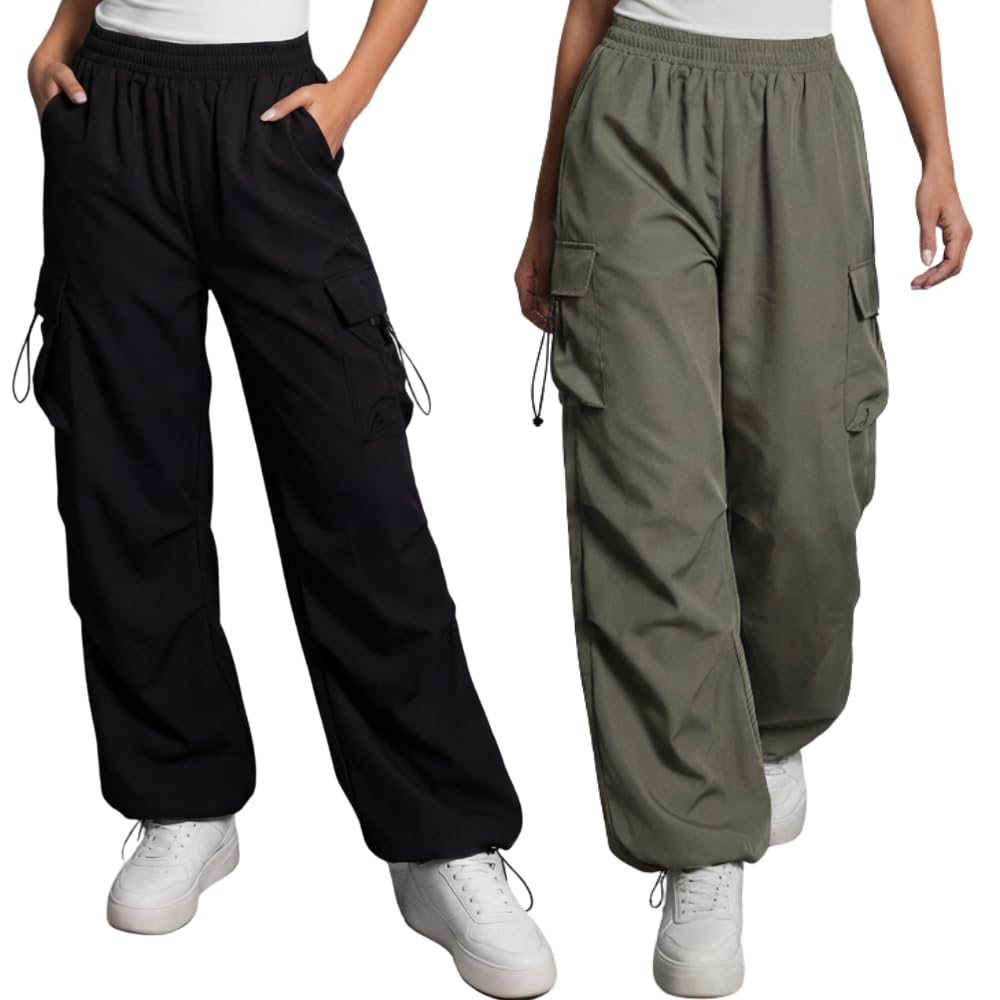 GRECIILOOKS Women's Cargo Pants|Trousers |High Waist Cotton Trouser |Flared Parachute Pants with Side Pockets | Cargo Pant|Elegant for College & Events