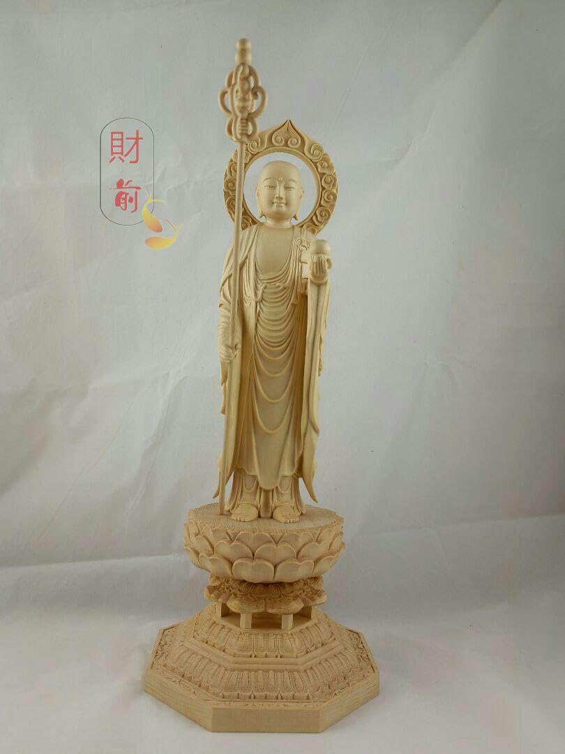 仏像 木彫 地蔵王菩蕯 八角台座 専属法杖 財前彫刻 商壳繁盛 43cm