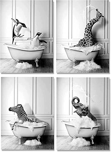 ERTLKP Lot de 4 tableaux pour salle de bain, décoration en noir et blanc, motifs animaliers drôles de girafe, éléphant, zèbre et pingouins dans la baignoire, sur toile, sans cadre, 30 x 40 cm
