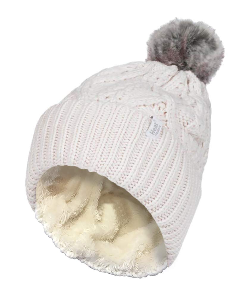 HEAT HOLDERSLadies Chunky Ribbed Cuffed Thermal Winter Pom Pom Bobble Beanie Hat with Fleece Lining